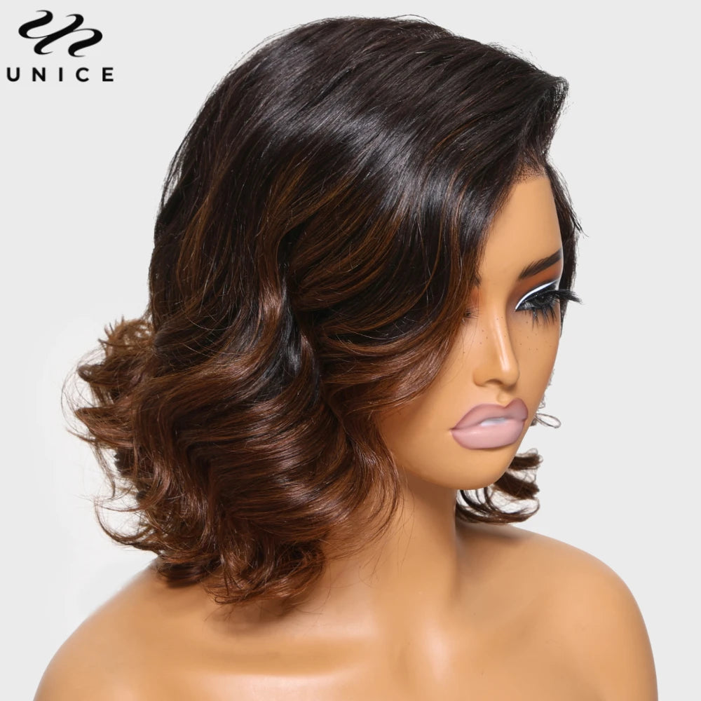UNice Hair Ombre Brown Spiral Curls Wavy Bob Wig 13x4 Human Hair Lace Frontal Wig Pre Cut Pre Bleached Pre Everything Wig 12Inch