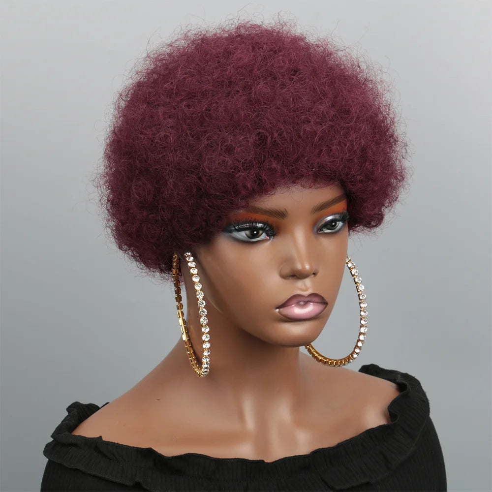 Afro Puff Curl Bob Realistic Natural Hair Glueless Virgin Hair Colored Fluffy Afro Puff Wig For Women Pixie Cut Wigs Human Hair