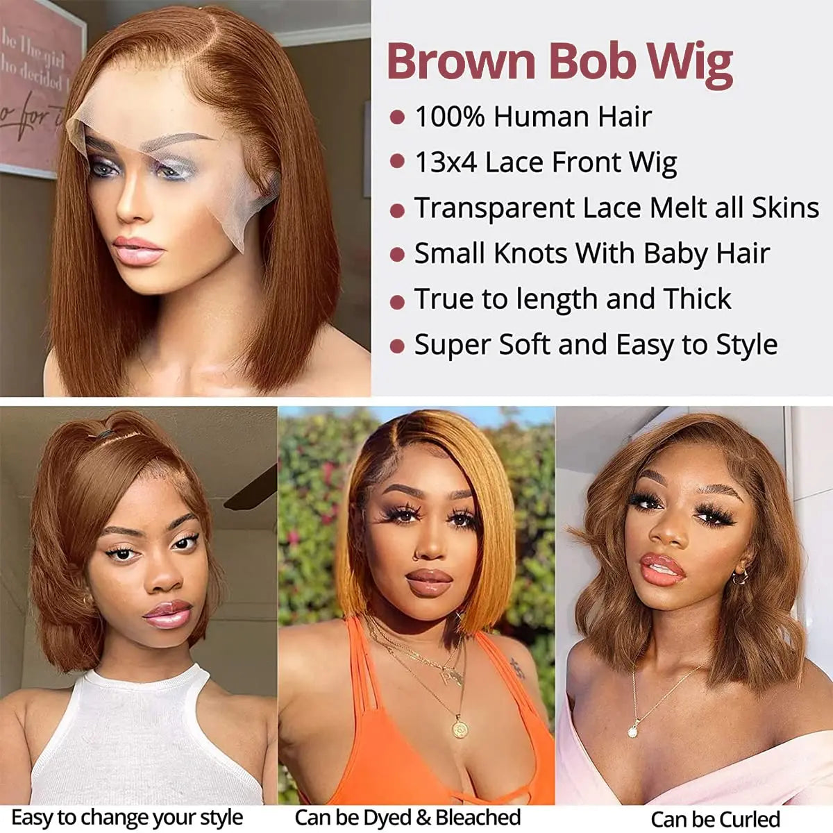 13x4 Lace Front Bob Wigs Human Hair Chocolate Brown Straight Bob Wigs 200% Full Density Transparent Lace Frontal Wigs For Women