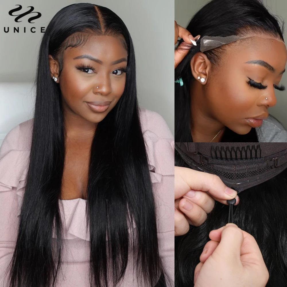 Unice Hair Drawstring Cap Straight Lace Front Human Hair Wigs 13x4 Pre Plucked Pre Cut Pre Bleached Glueless Wigs 150% Density