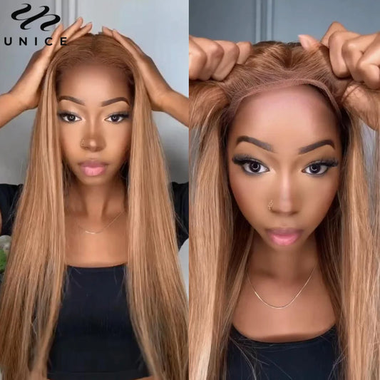 UNice 7x5 Bye Bye Knots Brown Blonde Mixed Straight Lace Wig Pre Cut Pre Bleached Glueless Wig Human Hair Ready To Wear Go