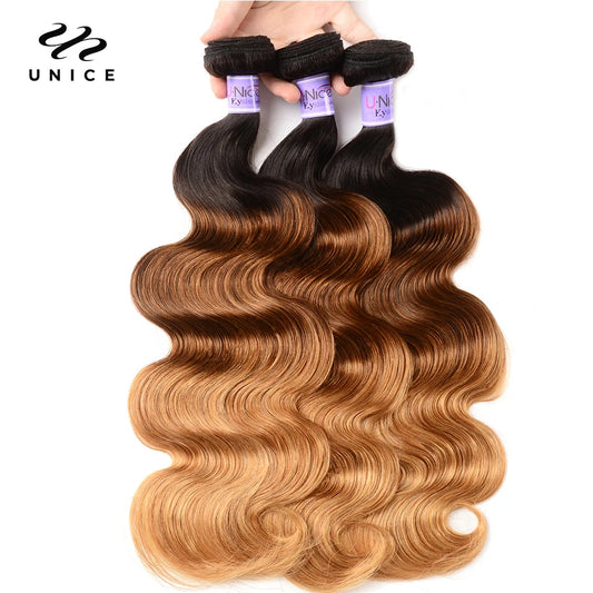 UNice Hair Kysiss Series Ombre Hair 3 Bundles Body Wave  Brazilian Hair Weave Bundles 3 Tone Blonde T1B/4/27 Virgin Human Hair