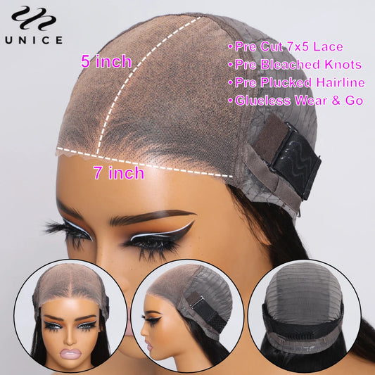 UNice Blonde Highlight Body Wave Wig 7x5 Pre Cut Pre Bleached Human Hair Lace Wig Ready To Wear Go Glueless Wig 150% Density