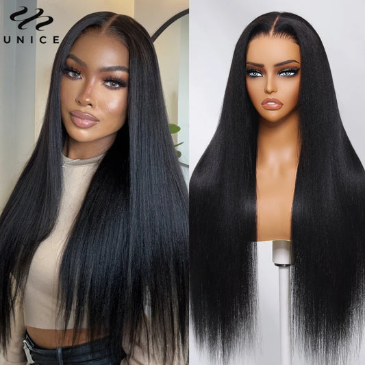 UNice Bye Bye Knots Wig Yaki Straight 7x5 Lace Wig With Elastic Drawstring Glueless Wig Human Hair Ready To Wear Go 150% Density