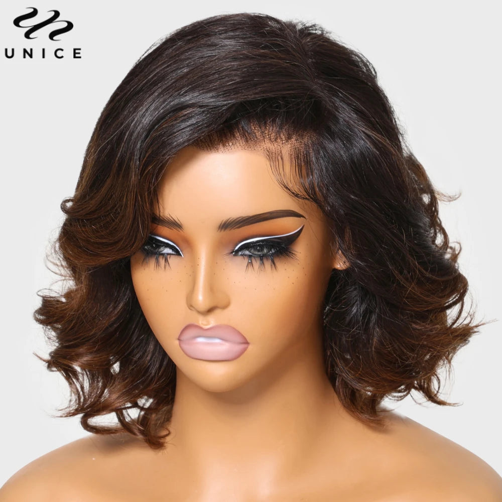 UNice Hair Ombre Brown Spiral Curls Wavy Bob Wig 13x4 Human Hair Lace Frontal Wig Pre Cut Pre Bleached Pre Everything Wig 12Inch