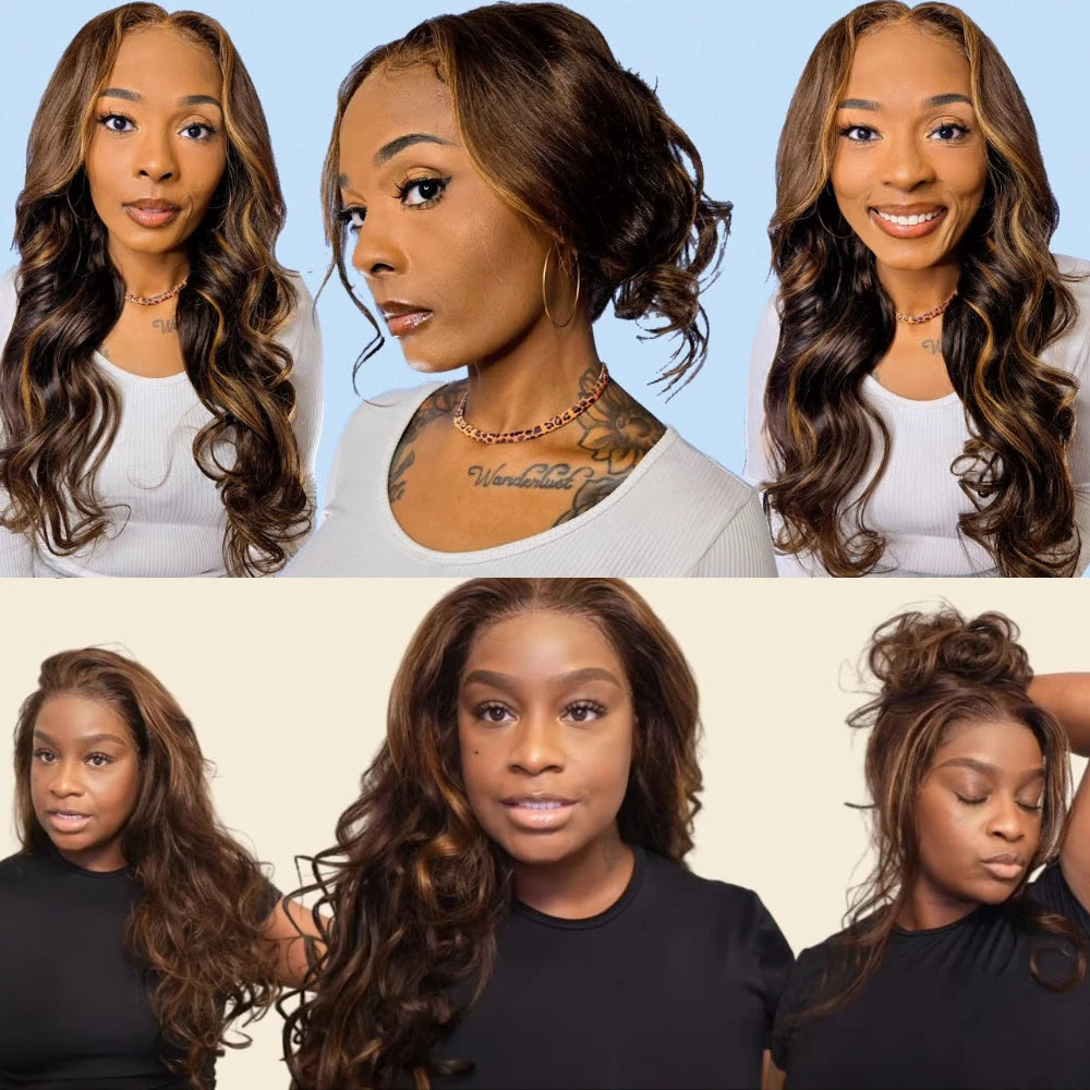 UNICE Hair Espresso Brown Highlights Loose Wave Wig Pre Cut Pre Bleached 7x5 Glueless Wig Human Hair Ready To Wear 180% Density
