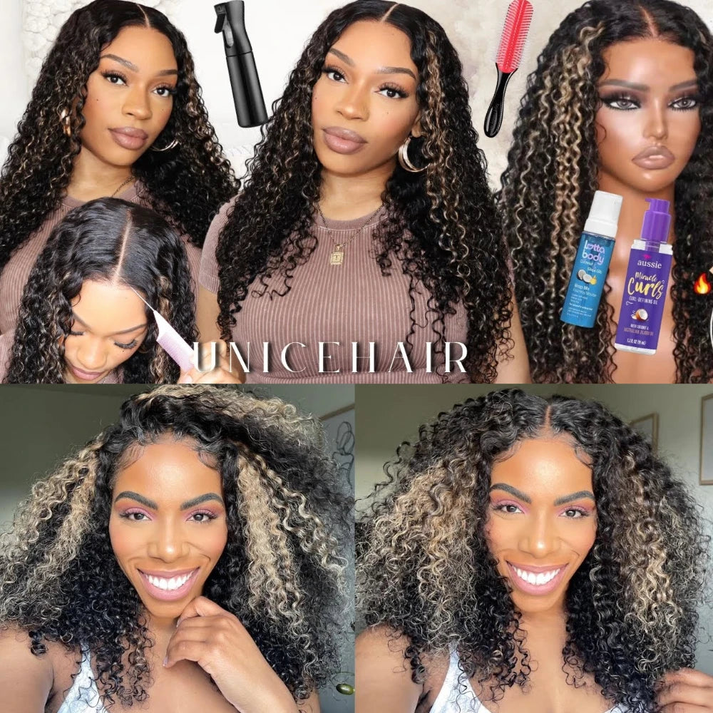 Unice Hair 200% Density Blonde Highlight Curly Wig Pre Cut 6x4.75 / 7x5 Lace Glueless Wig Human Hair Ready To Wear