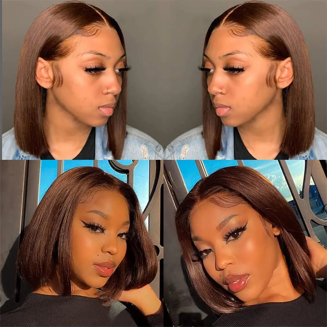 13x4 Lace Front Bob Wigs Human Hair Chocolate Brown Straight Bob Wigs 200% Full Density Transparent Lace Frontal Wigs For Women
