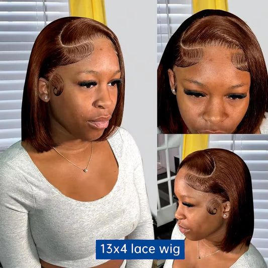 13x4 Lace Front Bob Wigs Human Hair Chocolate Brown Straight Bob Wigs 200% Full Density Transparent Lace Frontal Wigs For Women