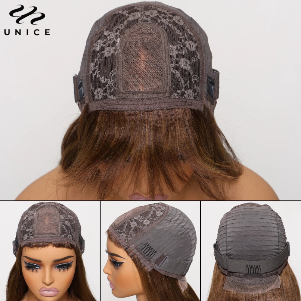 Hair Yaki Straight #4 Brown Human Hair Wig With Bangs Layered Cut Middle Part 4x2 Lace Front Human Hair Wig 150% Density