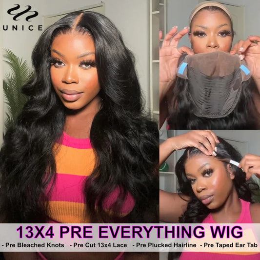 UNice Hair 13x4 Lace Frontal Wig Pre Cut Pre Bleached Pre Plucked Body Wave Human Hair Lace Wig Ready To Wear 250% Density