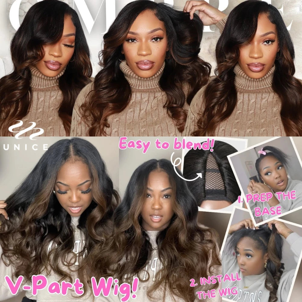 UNICE Chestnut Brown Body Wave V Part Wig 100% Human Hair Wig With Elastic Drawstring Cap Fit Small Cap Big Cap 150% Density