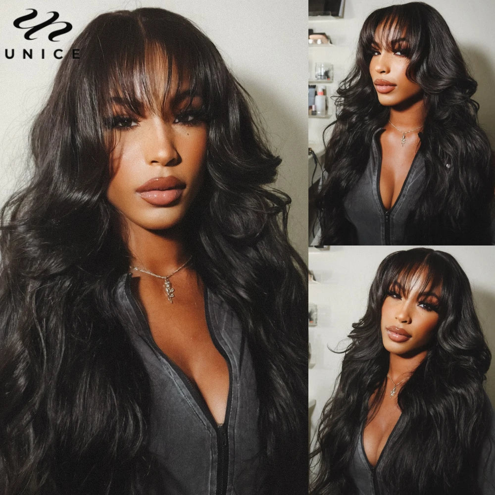 Unice Hair Pre Cut Pre Bleached 7x5 Loose Wave Wig With Bangs Wear Go Glueless Wig Pre Plucked Lace Front Human Hair Wig