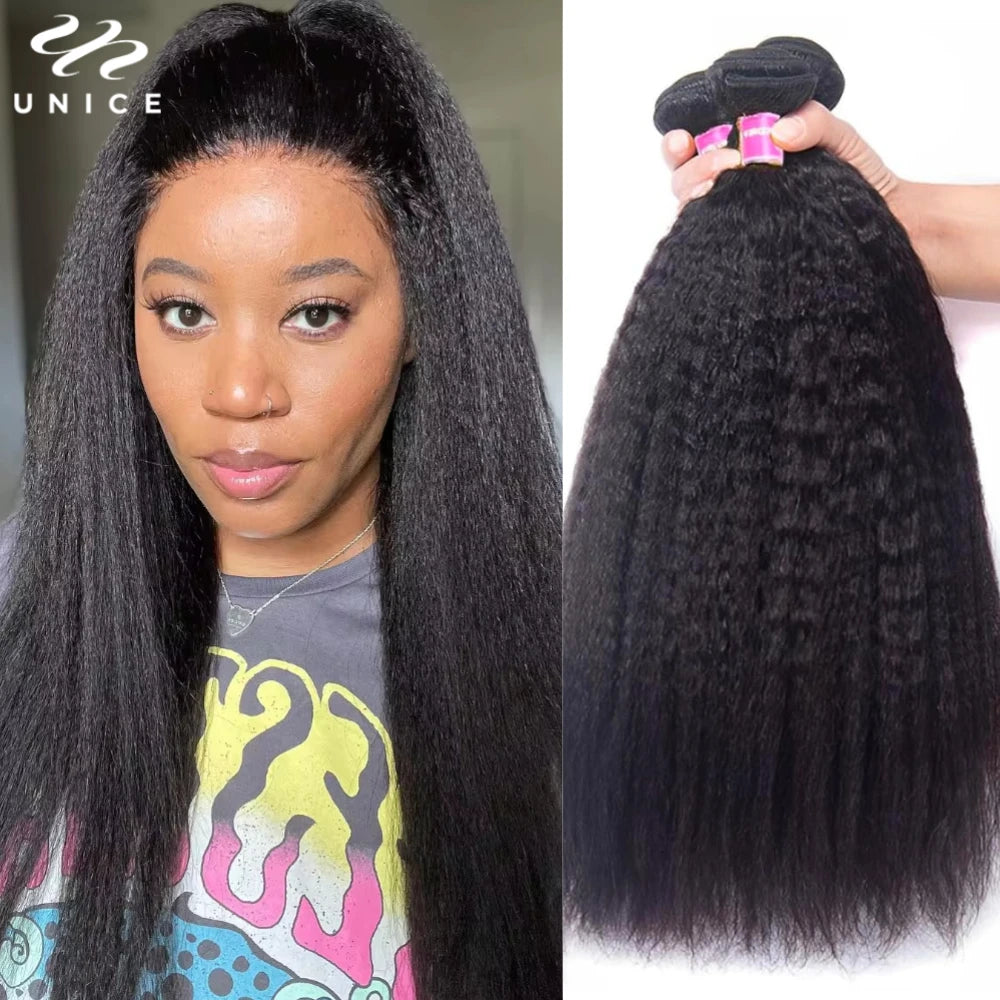 UNICE Hair Kinky Straight Human Hair Bundles 1/3/4 PCS Deal Natural Color 100% Human Hair 100Grams Per Bundle Sew In Weaves
