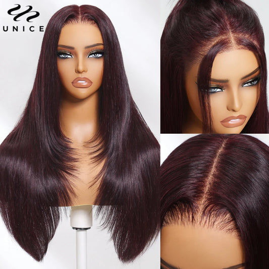 UNICE Hair Black Cherry Layered Cut Straight Wig 7x5 Pre Cut Pre Bleached Lace Front Human Hair Wig 180% Density