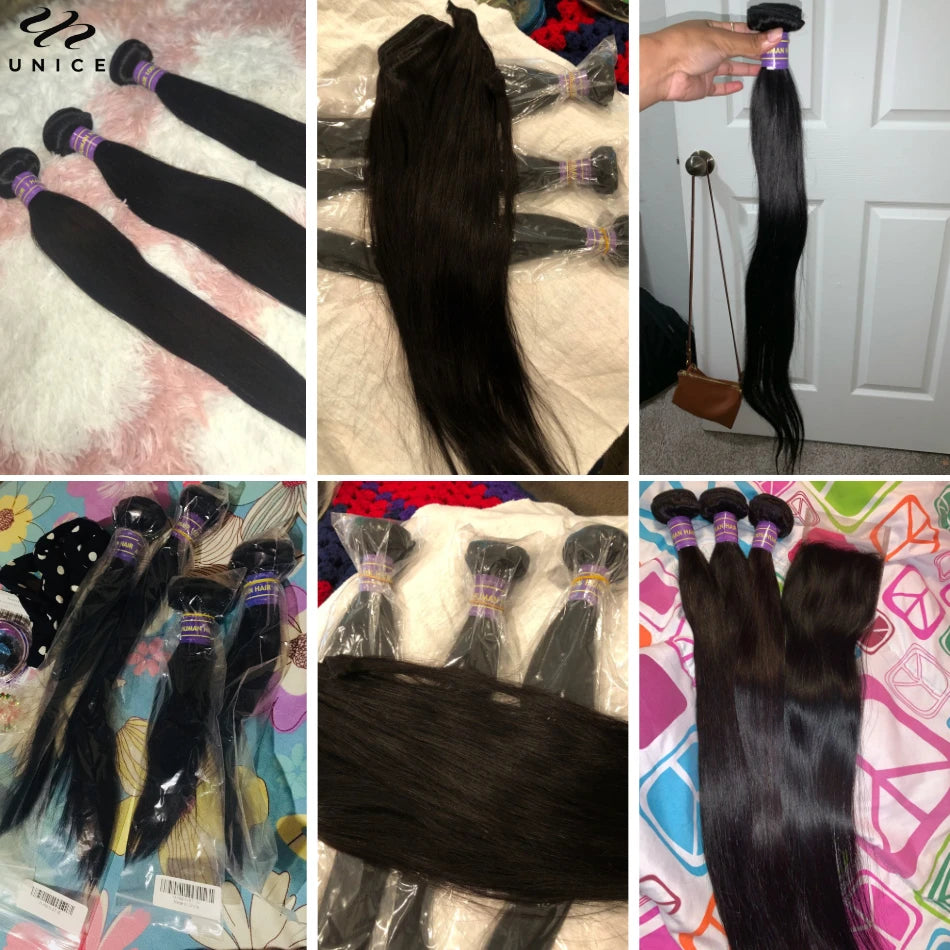 Unice Hair 8A Grade Straight Human Hair Bundles 3PCS Deal 100% Human Hair Natural Black Sew In Quick Weave Bundles Hair