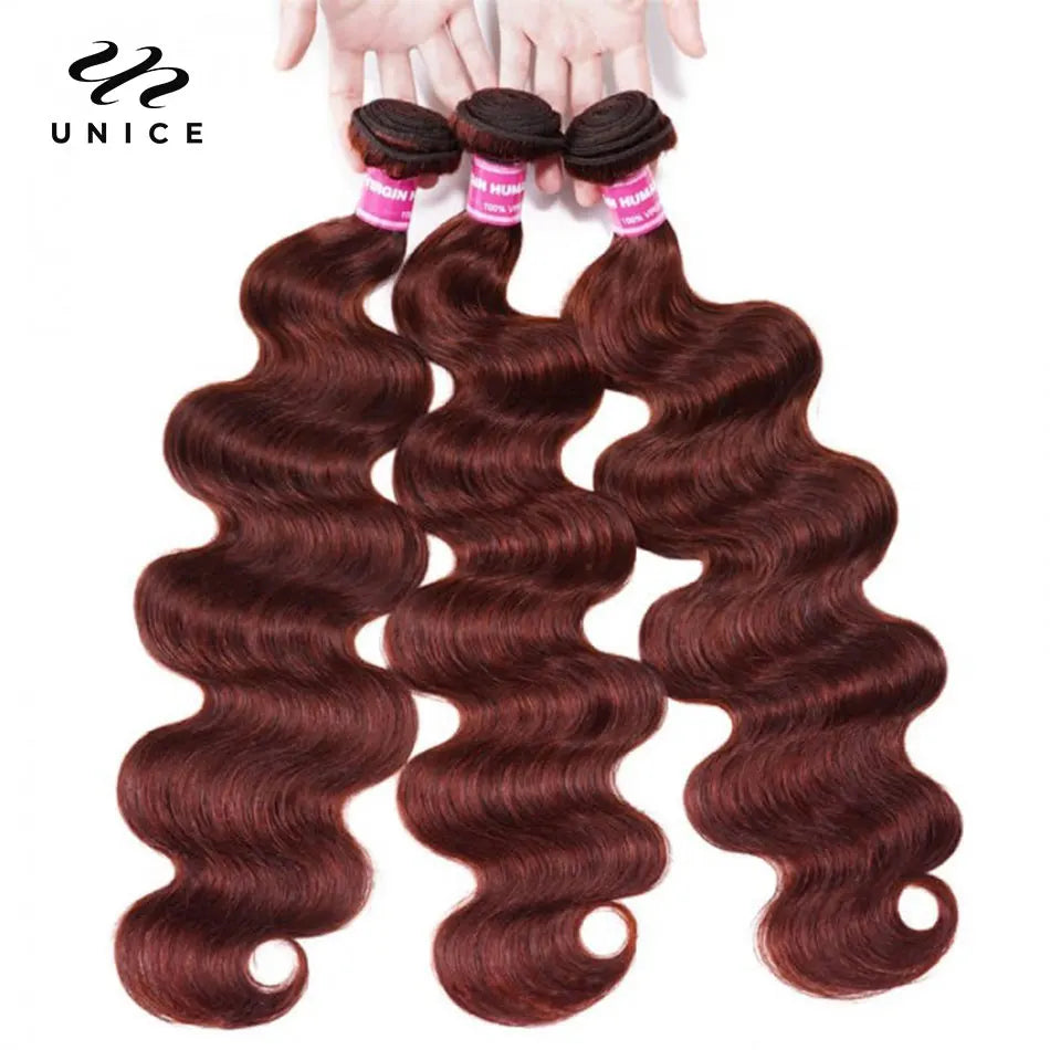 Unice Hair 33B Dark Ginger Body Wave Human Hair 3/4 Bundles Reddish Brown 100% Human Hair  Auburn Hair Bundle Deal for Women