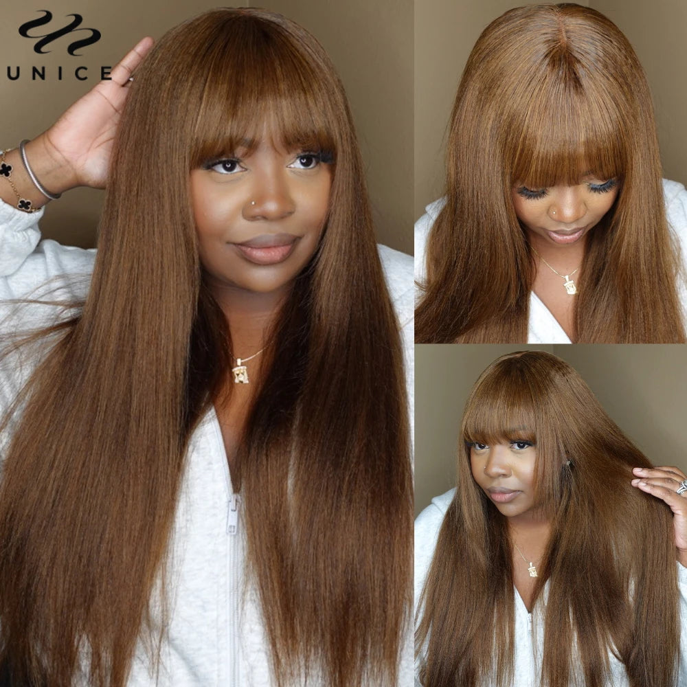 Hair Yaki Straight #4 Brown Human Hair Wig With Bangs Layered Cut Middle Part 4x2 Lace Front Human Hair Wig 150% Density
