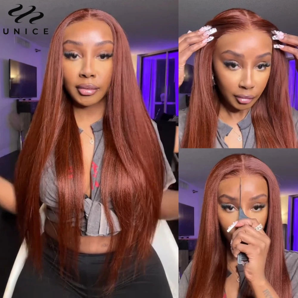 Hair 7x5 Bye Bye Knots Wig Reddish Brown Yaki Straight Human Hair Wigs Pre Cut Pre Bleached Glueless Lace Wig 150% Density