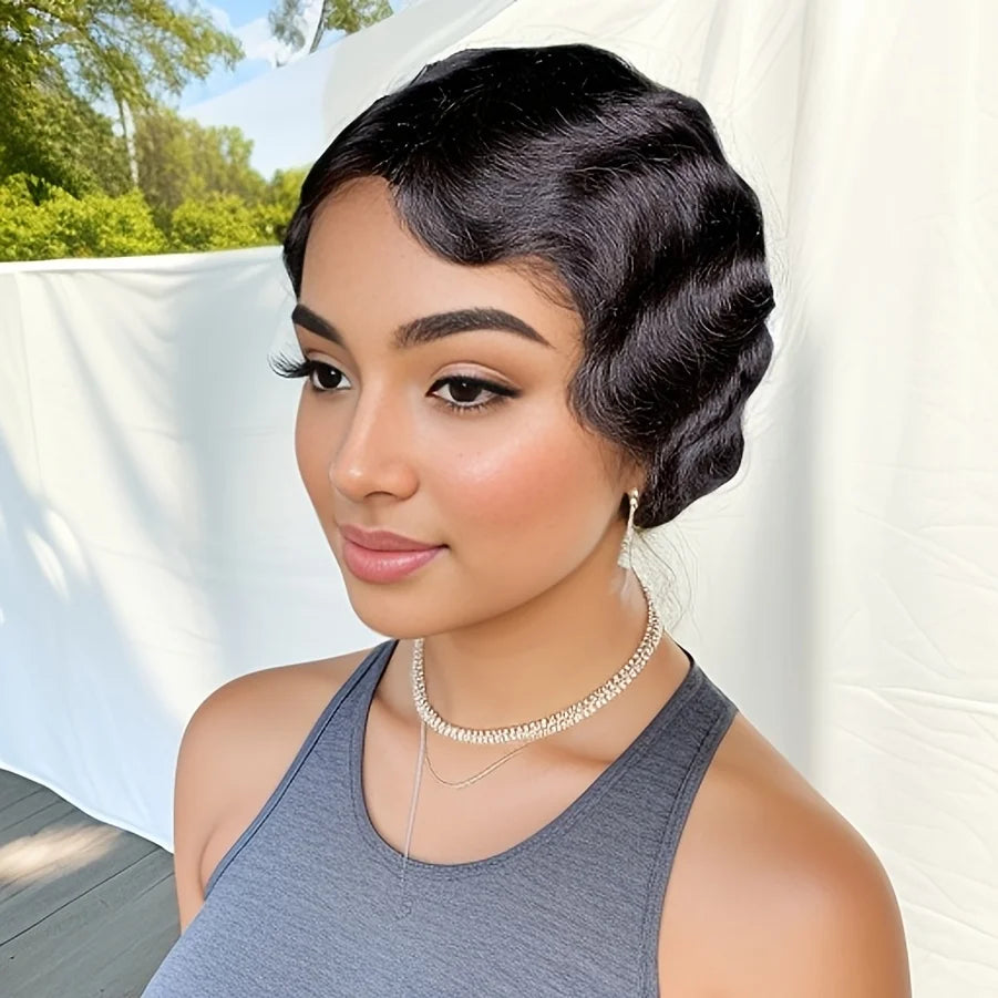 Short Finger Wave Wig Brazilian Human Hair Wig For Women Short Water Wave Deep Wave Wig Pixie Cut Wigs For Daily And Party Use