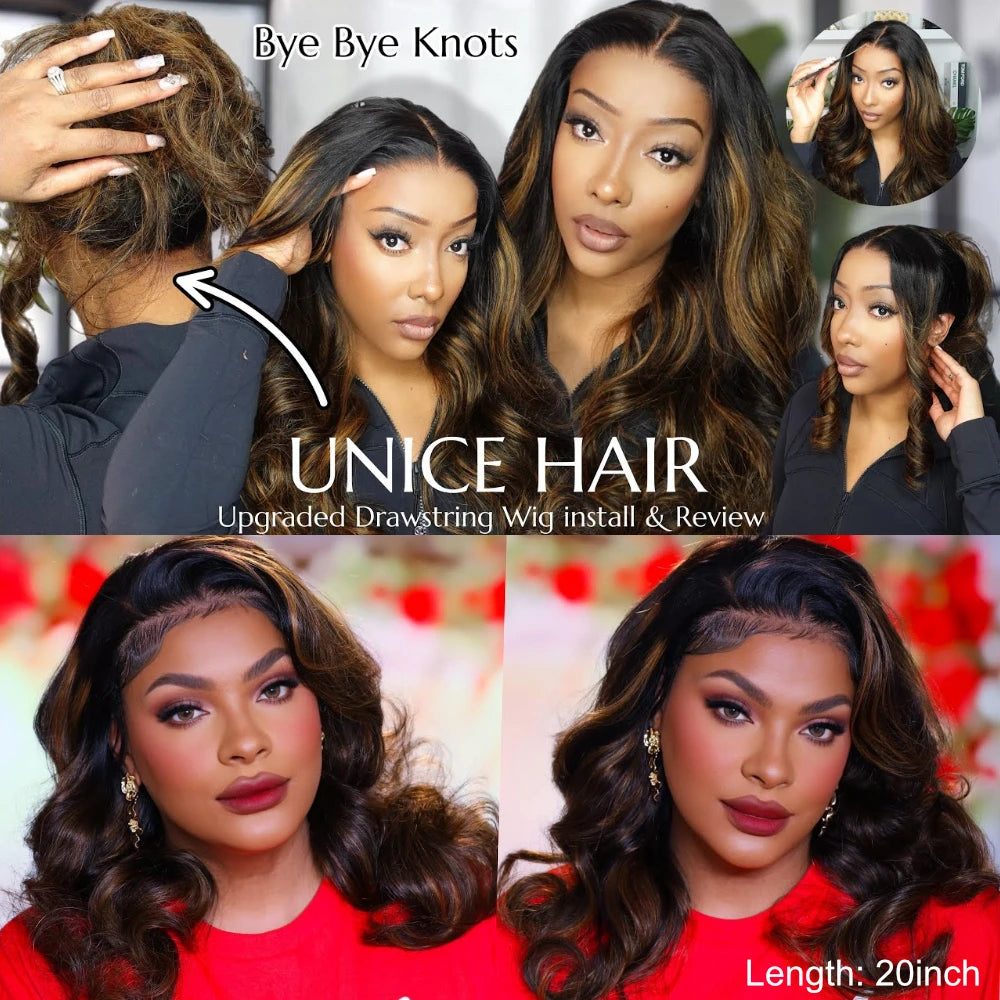 Balayage Body Wave Wig Upgraded Drawstring Cap 7x5 Pre Cut Pre Bleached Lace Front Human Hair Glueless Wig 150% Density