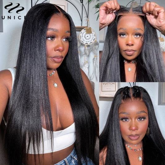 UNICE Hair 5X5 HD Lace Closure Wig Silk Press Yaki Straight Lace Wig Pre Cut Pre Bleached Glueless Wig Human Hair Ready To Wear