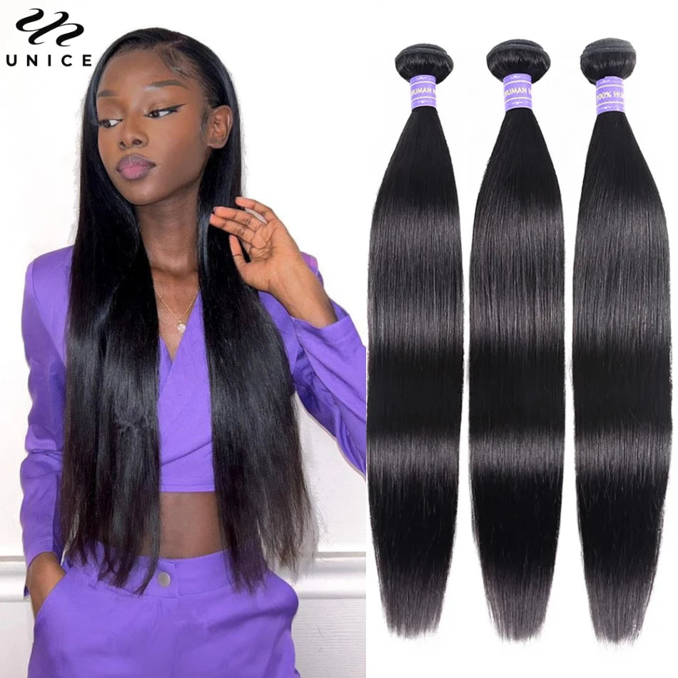 Unice Hair 8A Grade Straight Human Hair Bundles 3PCS Deal 100% Human Hair Natural Black Sew In Quick Weave Bundles Hair