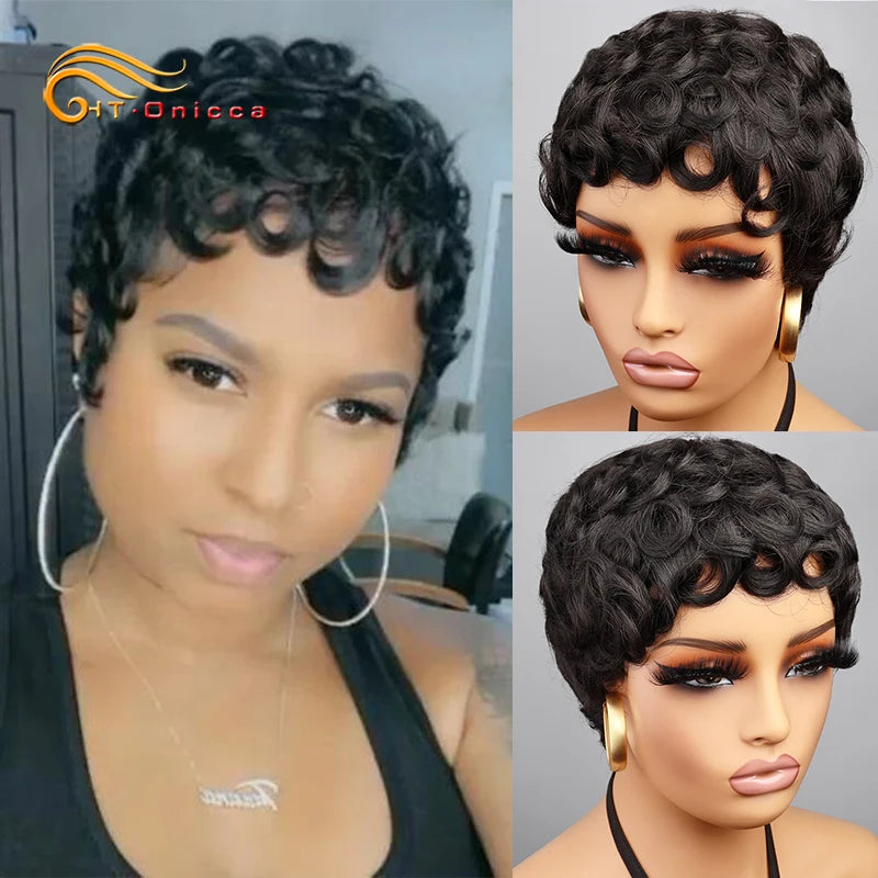 Short Curly Pixie Cut Wigs For Black Women Natural Black Human Hair Wig Brazilian Remy Human Hair Bob Full Machine Made Wig 150%