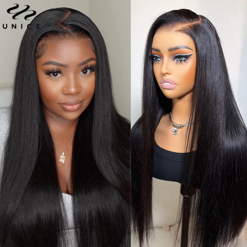 Unice Hair Drawstring Cap Straight Lace Front Human Hair Wigs 13x4 Pre Plucked Pre Cut Pre Bleached Glueless Wigs 150% Density