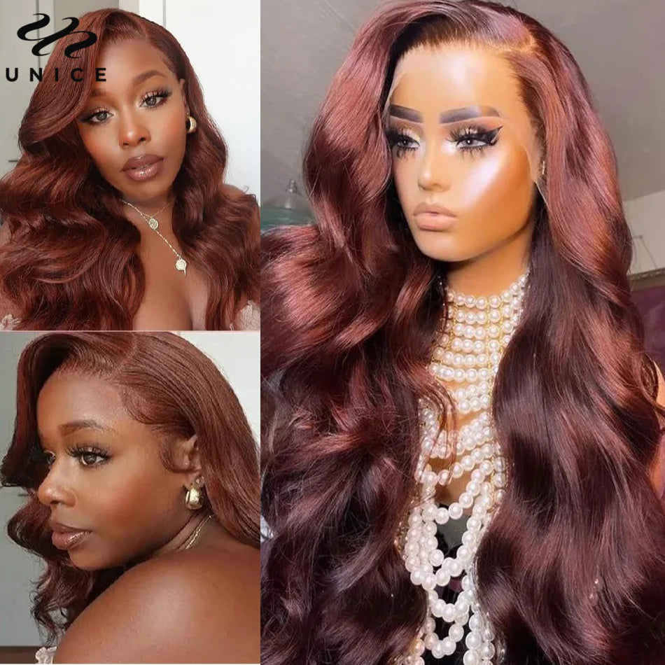 UNice Hair Reddish Brown Body Wave 13x4 Lace Front Wig Preplucked Human Hair Lace Frontal Wigs Can Do Any Part 30 Inch Long Wig