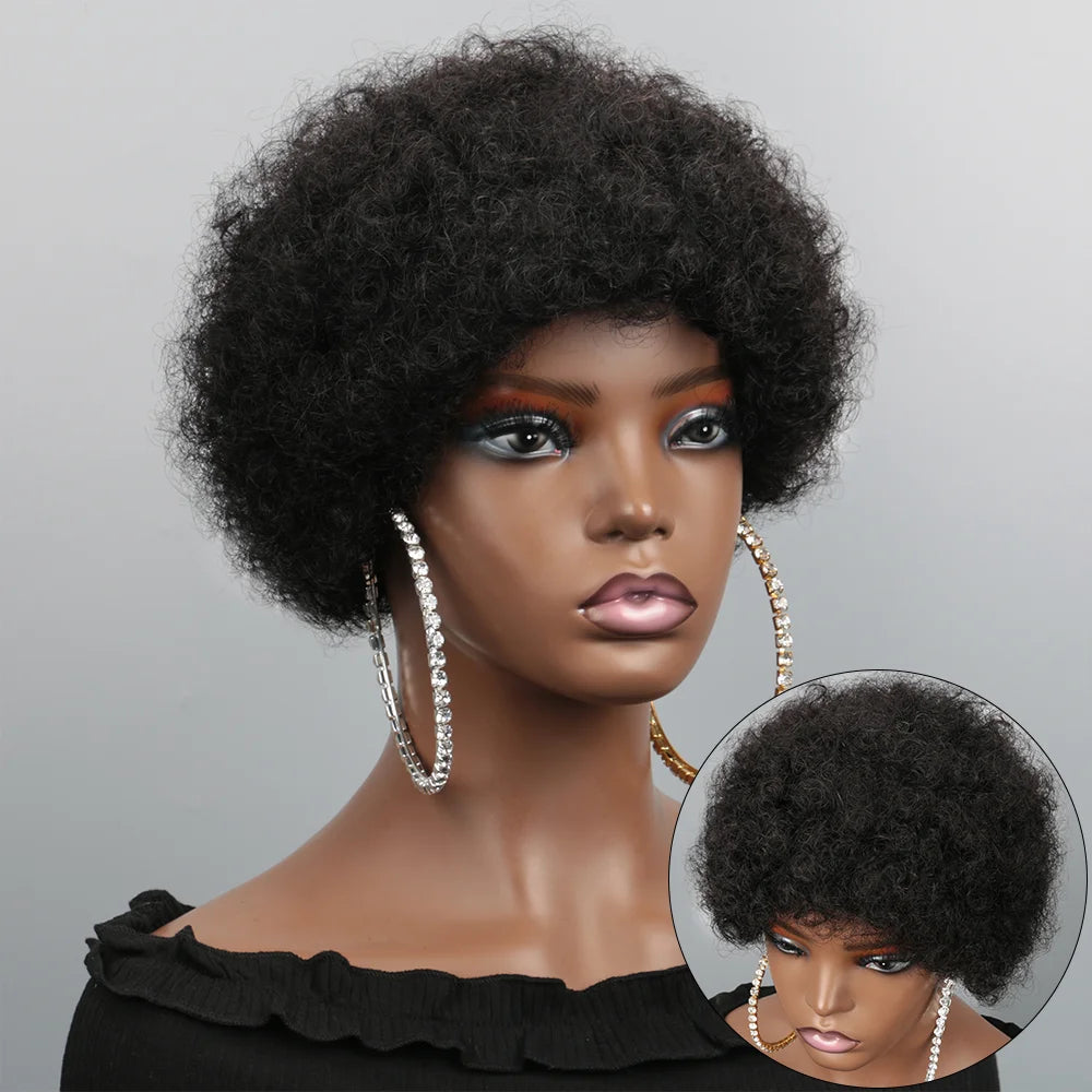 Afro Puff Curl Bob Realistic Natural Hair Glueless Virgin Hair Colored Fluffy Afro Puff Wig For Women Pixie Cut Wigs Human Hair