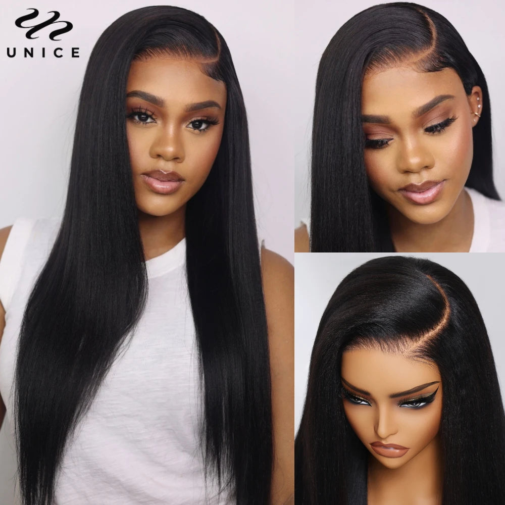 UNice Hair Pre Everything 7x5 13x4 Yaki Straight Wig Pre Plucked Pre Cut Pre Bleached Glueless Wig Human Hair Ready To Wear 150%