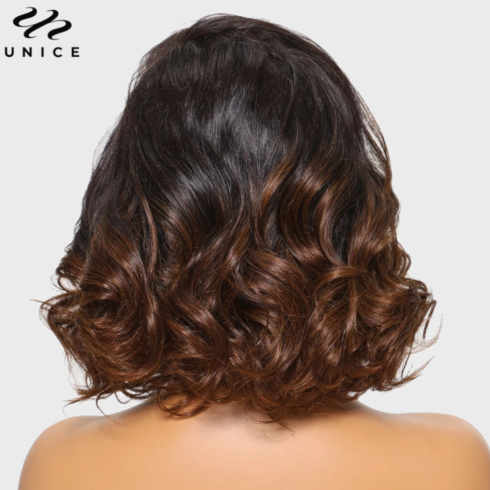 UNice Hair Ombre Brown Spiral Curls Wavy Bob Wig 13x4 Human Hair Lace Frontal Wig Pre Cut Pre Bleached Pre Everything Wig 12Inch