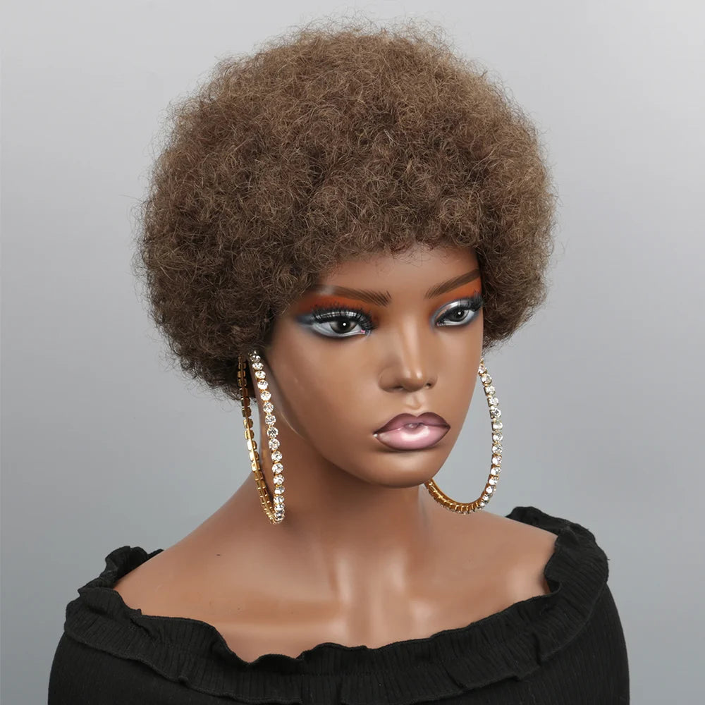 Afro Puff Curl Bob Realistic Natural Hair Glueless Virgin Hair Colored Fluffy Afro Puff Wig For Women Pixie Cut Wigs Human Hair