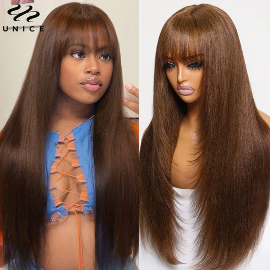 Hair Yaki Straight #4 Brown Human Hair Wig With Bangs Layered Cut Middle Part 4x2 Lace Front Human Hair Wig 150% Density