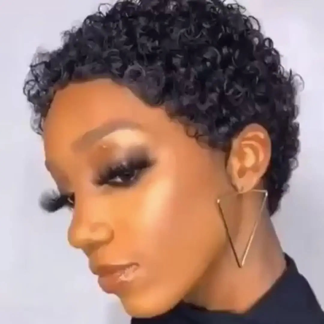 Pixie Cut Human Hair Wig - Afro Kinky Curly Water Wave Brazilian Remy Hair Full Machine Made Natural Curl Wig for Women
