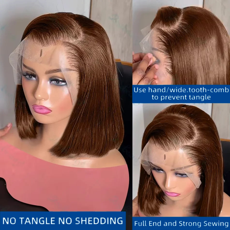 13x4 Lace Front Bob Wigs Human Hair Chocolate Brown Straight Bob Wigs 200% Full Density Transparent Lace Frontal Wigs For Women