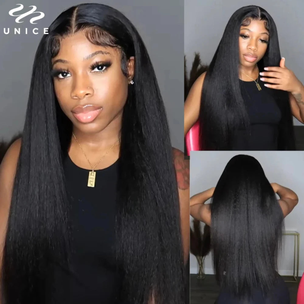UNice Pre Everything 13x6 Lace Frontal Wig Coily Edges Yaki Straight Human Hair Lace Front Wig Pre Cut Pre Bleached Pre Plucked