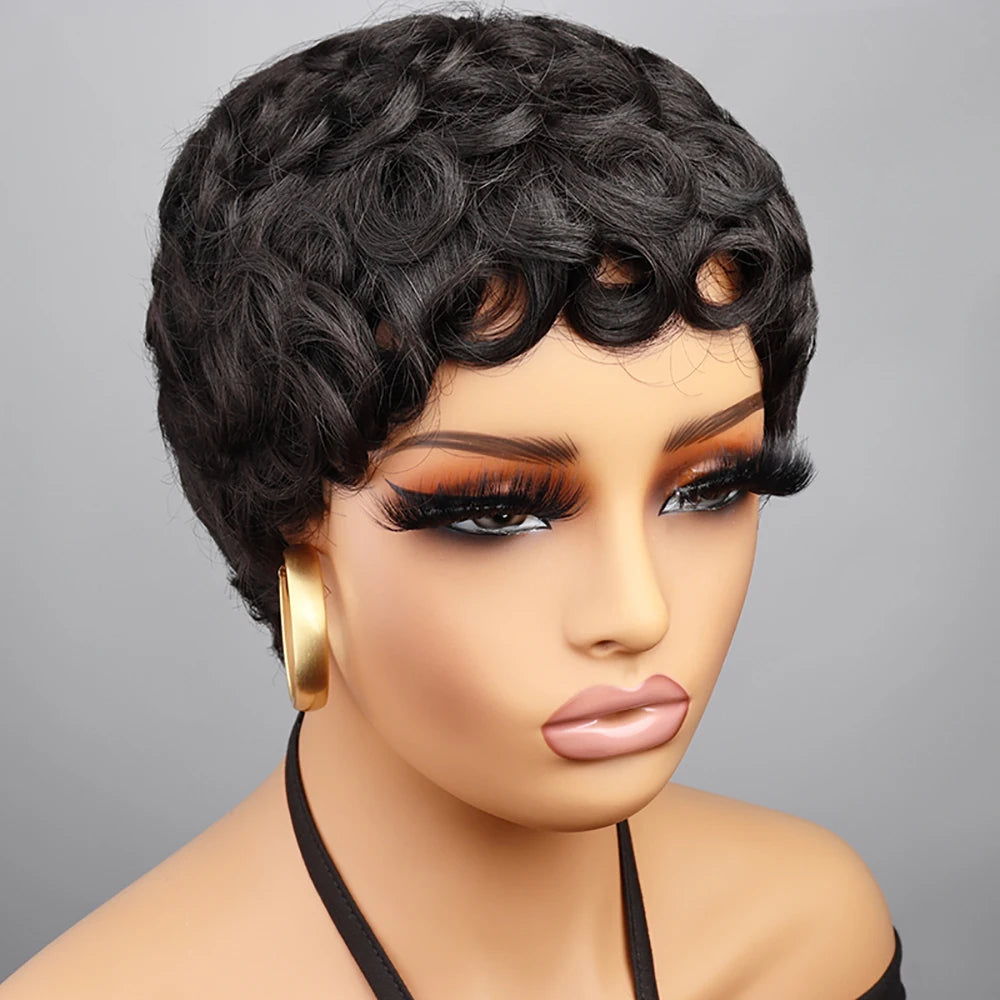 Short Curly Pixie Cut Wigs For Black Women Natural Black Human Hair Wig Brazilian Remy Human Hair Bob Full Machine Made Wig 150%