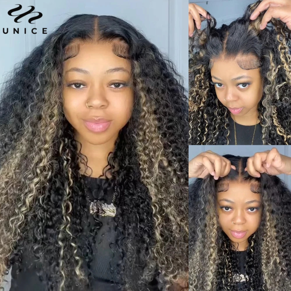 Unice Hair 200% Density Blonde Highlight Curly Wig Pre Cut 6x4.75 / 7x5 Lace Glueless Wig Human Hair Ready To Wear