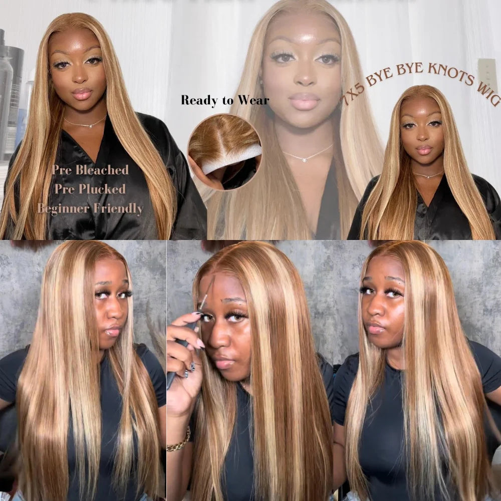 UNice 7x5 Bye Bye Knots Brown Blonde Mixed Straight Lace Wig Pre Cut Pre Bleached Glueless Wig Human Hair Ready To Wear Go
