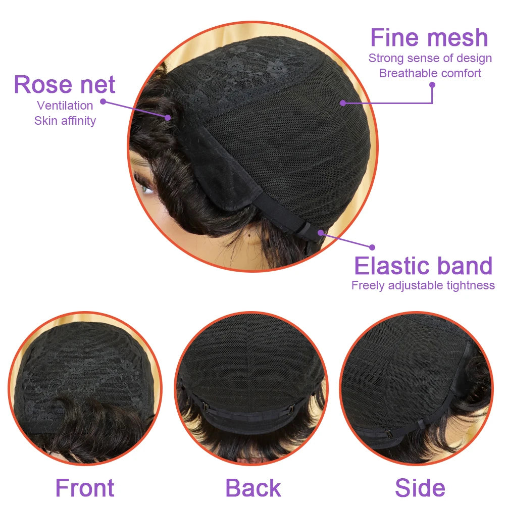Pixie Cut Human Hair Wig - Afro Kinky Curly Water Wave Brazilian Remy Hair Full Machine Made Natural Curl Wig for Women